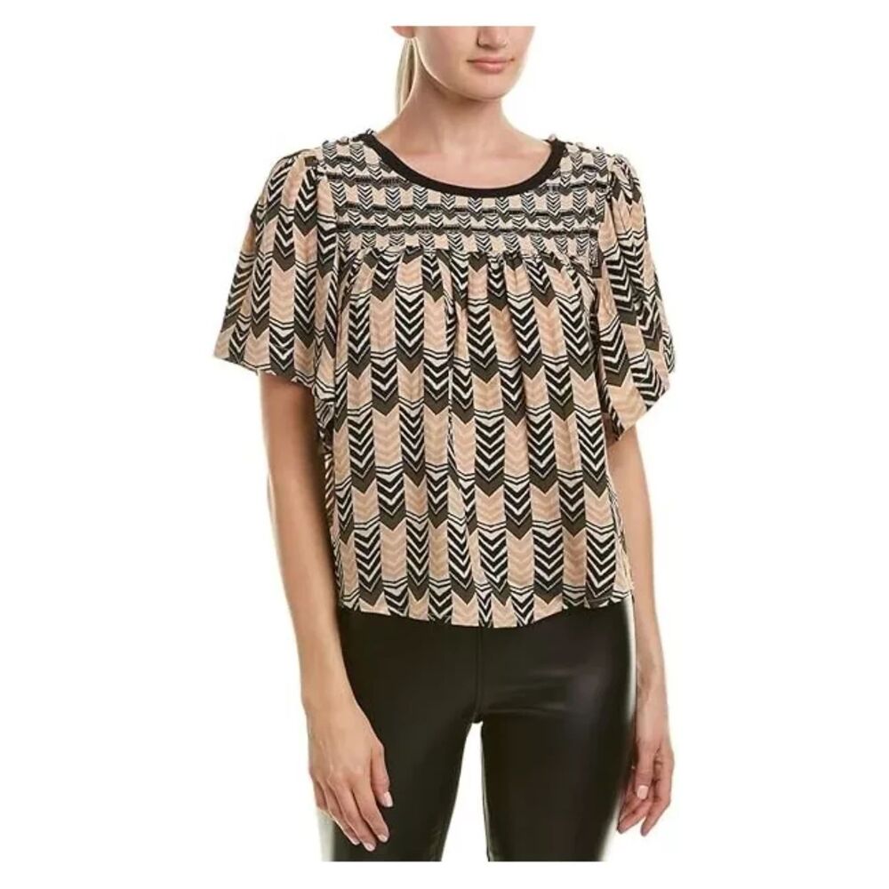 Velvet by Graham & Spencer Chevron Print Beaded Blouse Women's Medium Boho Top